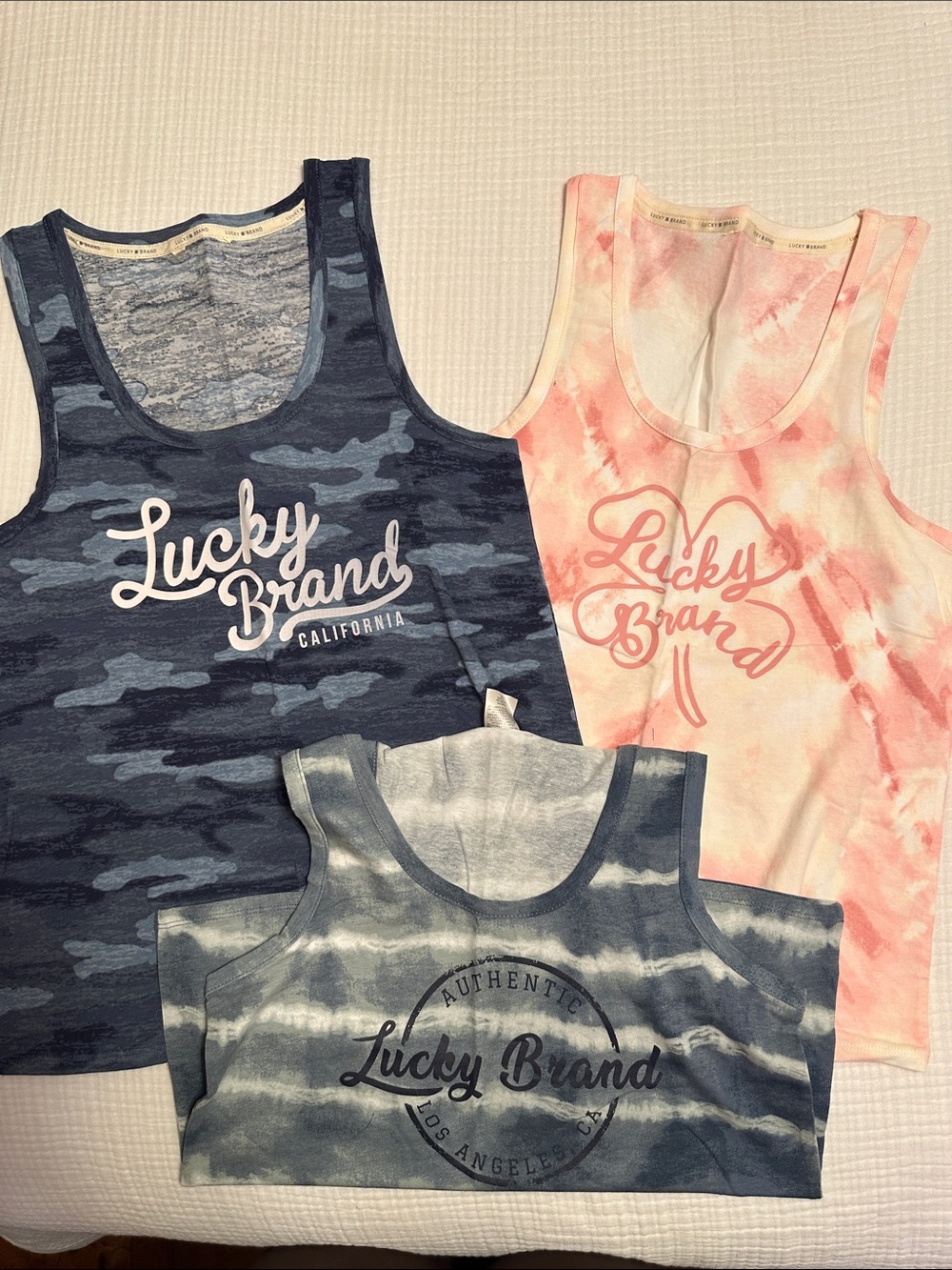 Lucky Brand Navy Camo, Blue Tie-Dye & Pink Tie-Dye Tank Tops